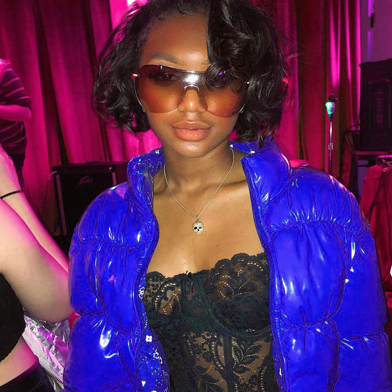 Blue Stand Collar Zip Front Paisley Bandana Print Cropped Puffer Jacket