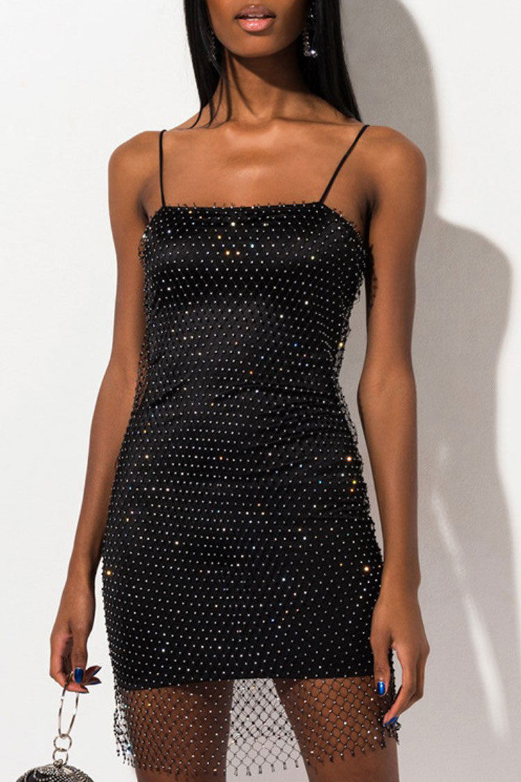 Black Spaghetti Strap Rhinestone Embellished Fishnet Mesh Bodycon Mini Dress