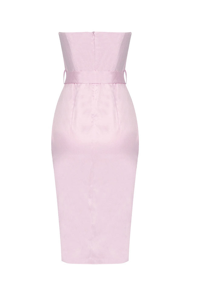 Pink Rhinestone Sweetheart Strapless Satin Belted Bodycon Mini Dress 4
