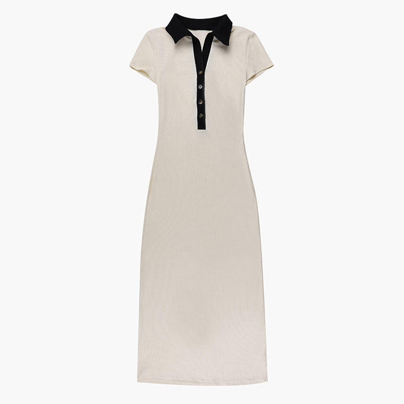 Apricot Contrast Collar Button Front Short Sleeve Knit Bodycon Maxi Dress