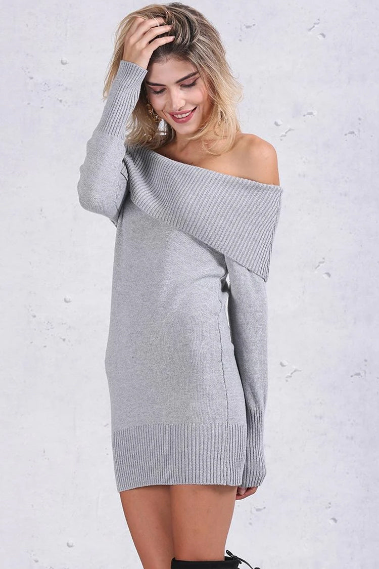 Gray Off-Shoulder Foldover Ribbed Knit Long Sleeve Sweater Mini Dress