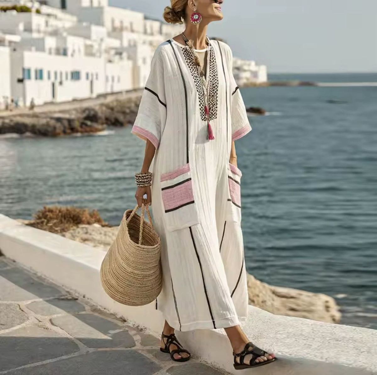 Split Neck Striped Embroidered Trim Kaftan Maxi Dress