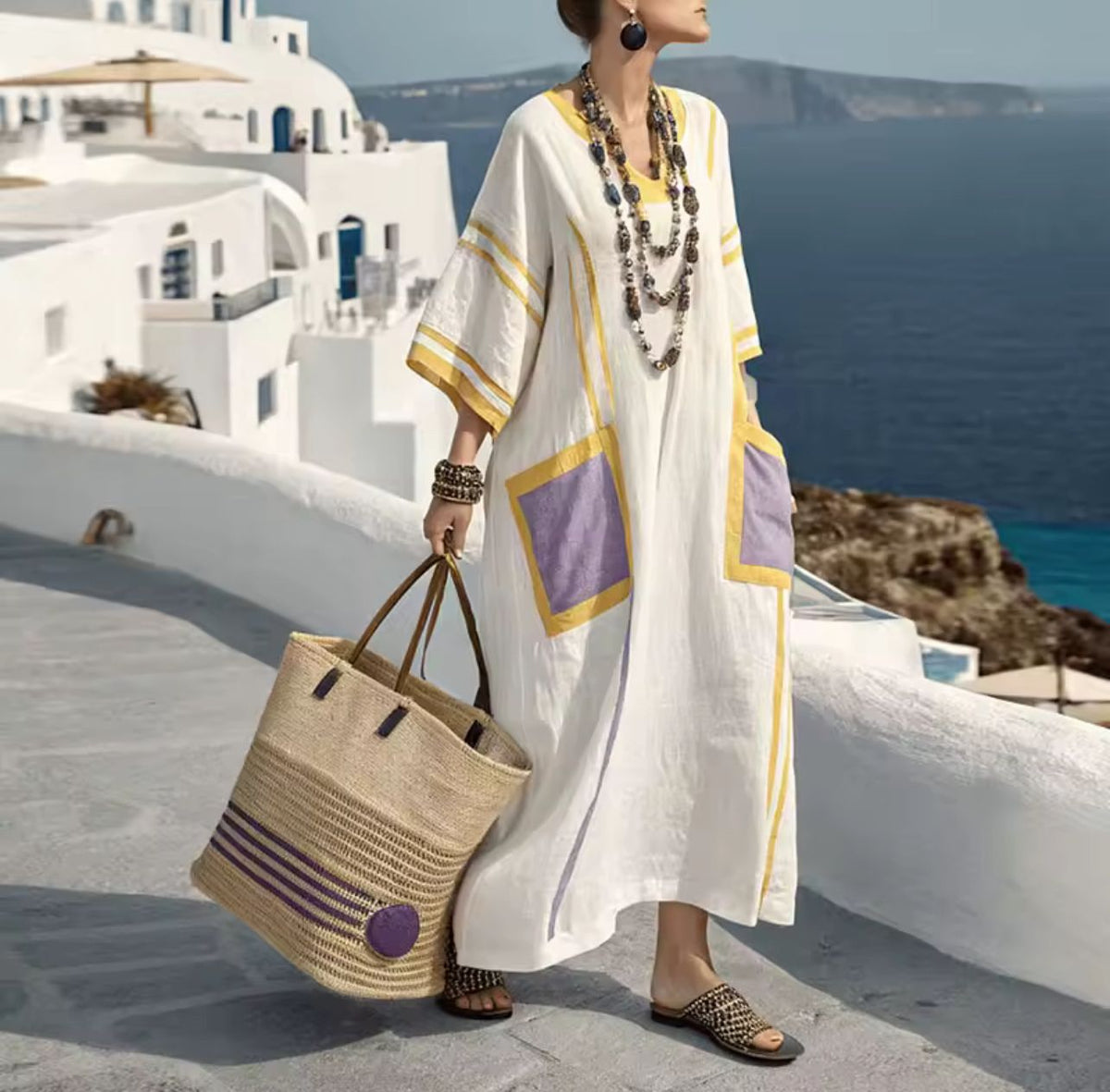 Split Neck Striped Embroidered Trim Kaftan Maxi Dress