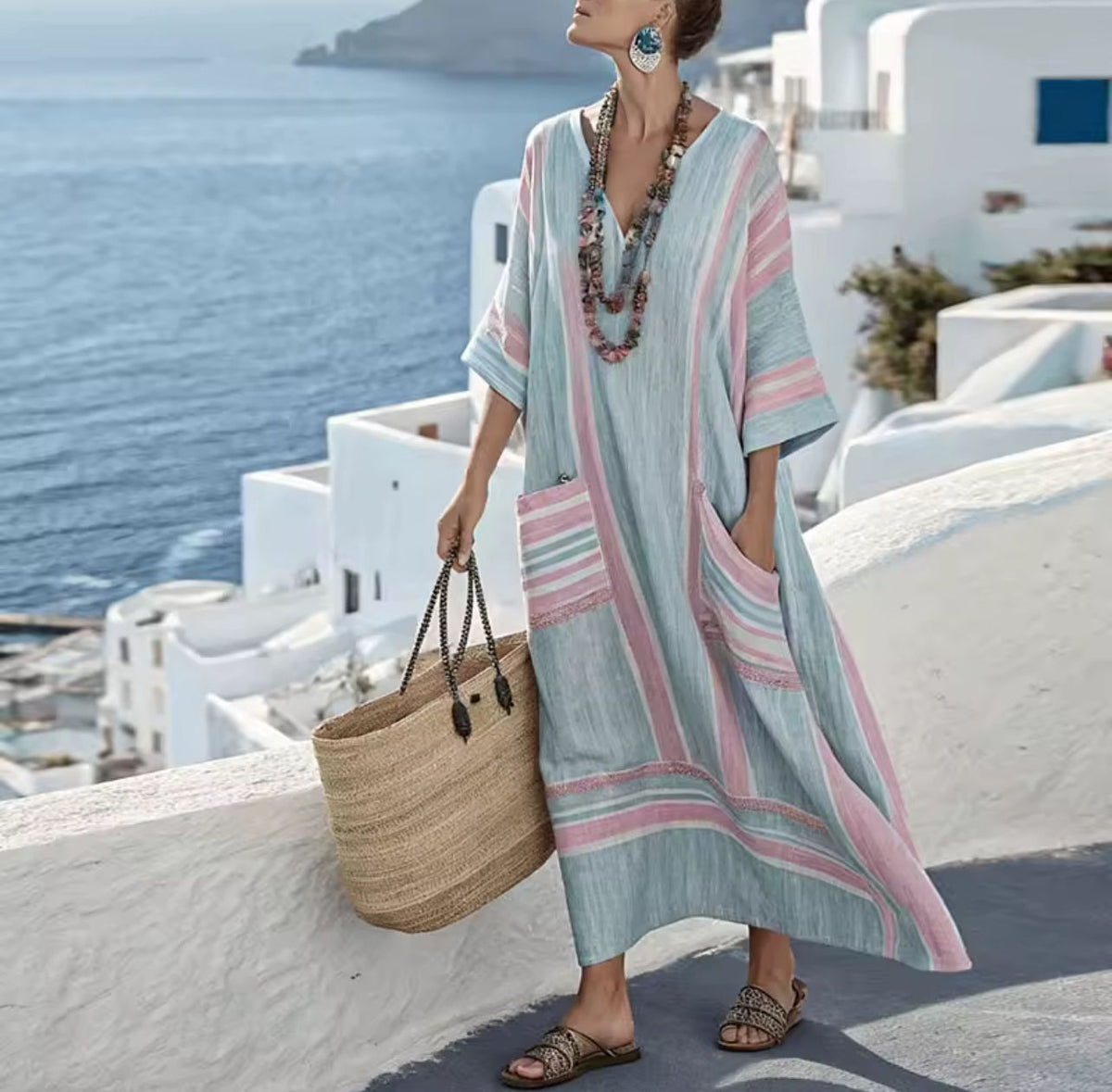 Split Neck Striped Embroidered Trim Kaftan Maxi Dress
