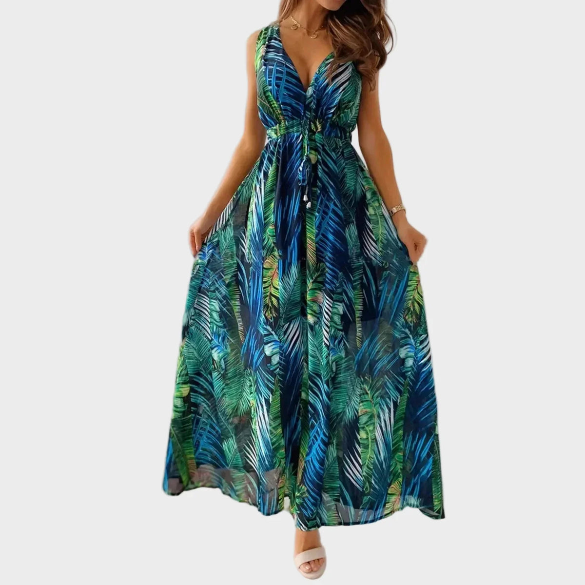 V-Neck Tropical Floral Sleeveless Drawstring A-Line Maxi Dress