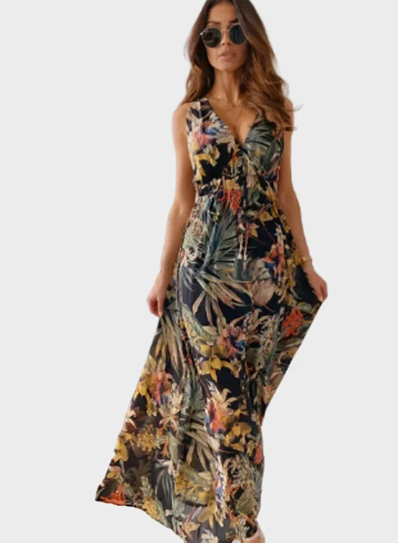 V-Neck Tropical Floral Sleeveless Drawstring A-Line Maxi Dress