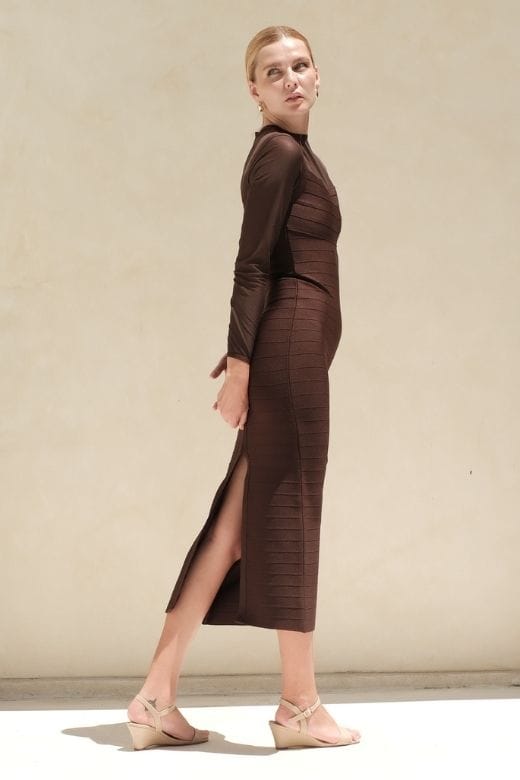 Robin Long Sleeve Bandage Maxi Dress - Tan Brown
