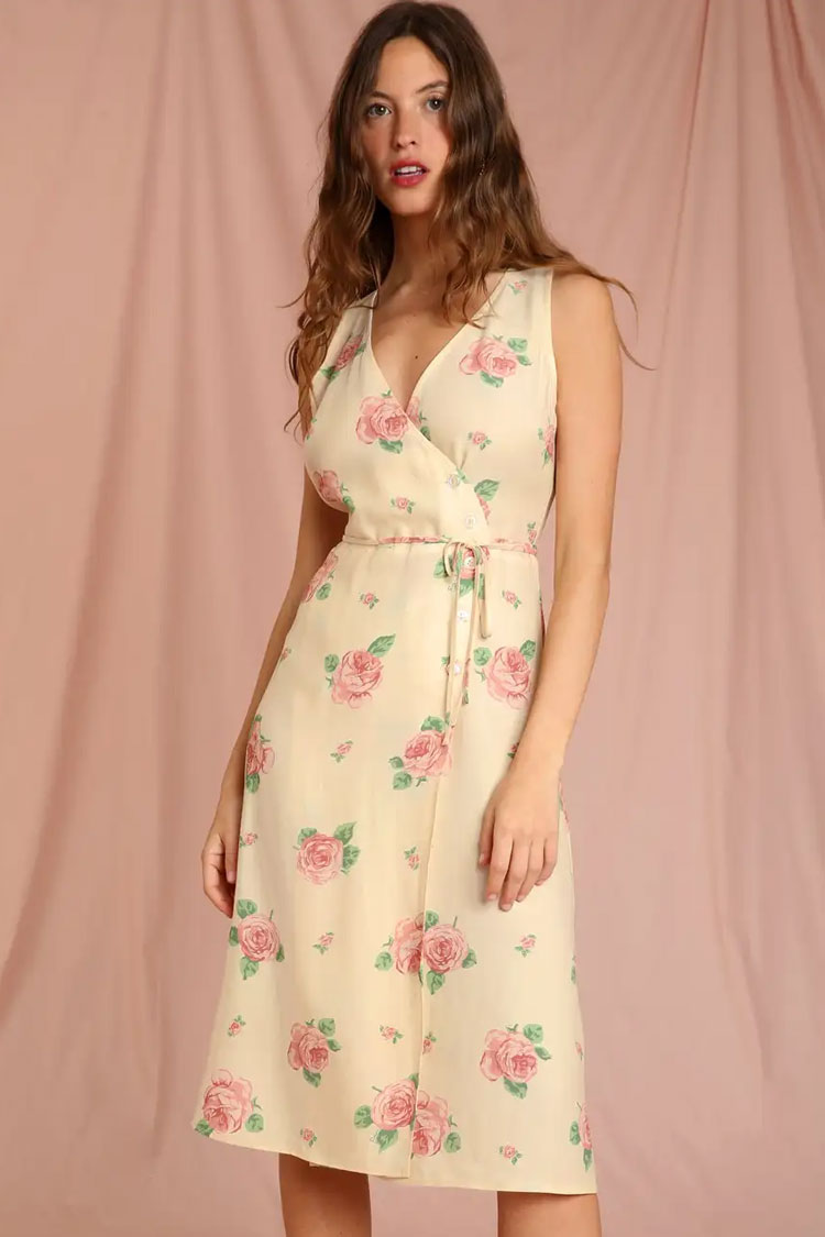 Yellow V-Neck Rose Floral Sleeveless Wrap A-Line Midi Dress