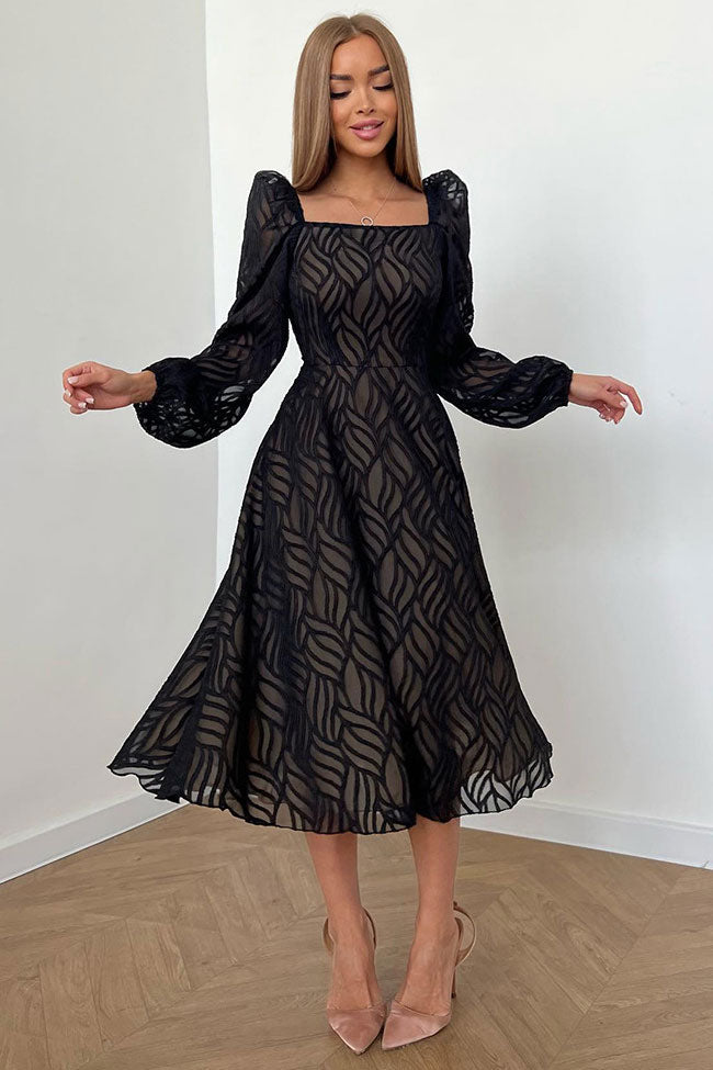Black Square Neck Puff Sleeve Jacquard A-Line Midi Dress