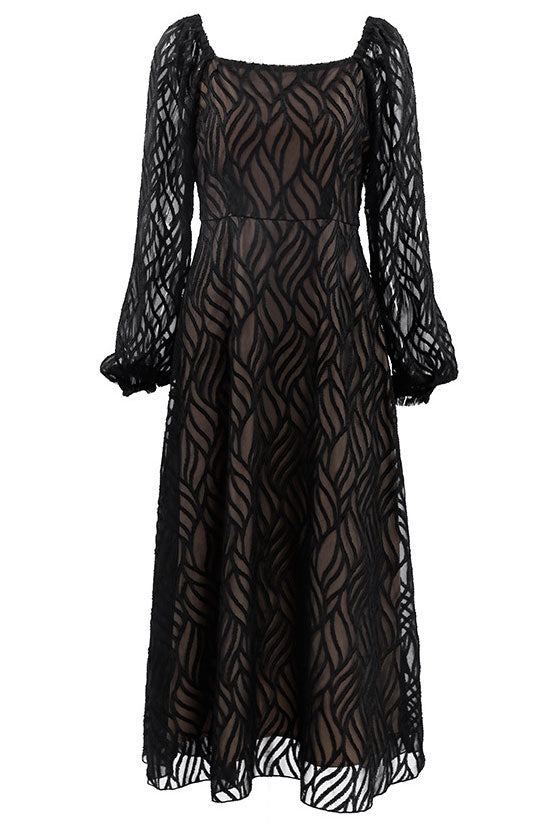 Black Square Neck Puff Sleeve Jacquard A-Line Midi Dress