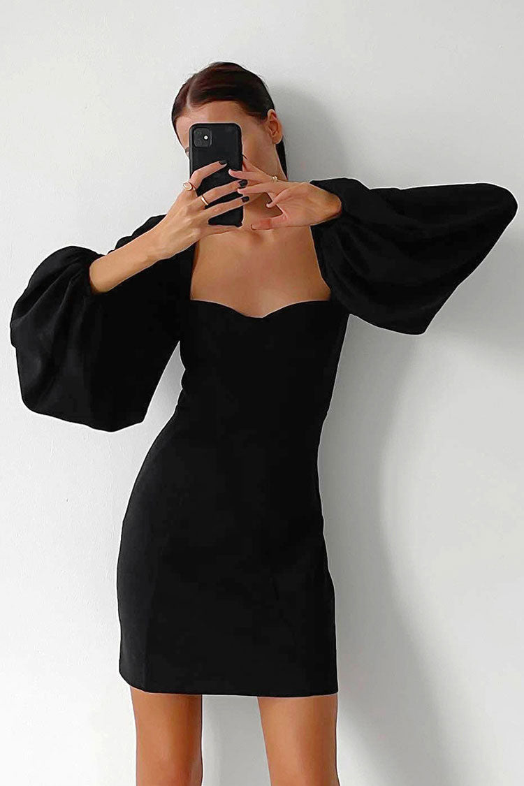 Black Sweetheart Neck Off-Shoulder Puff Sleeve Bodycon Mini Dress 2