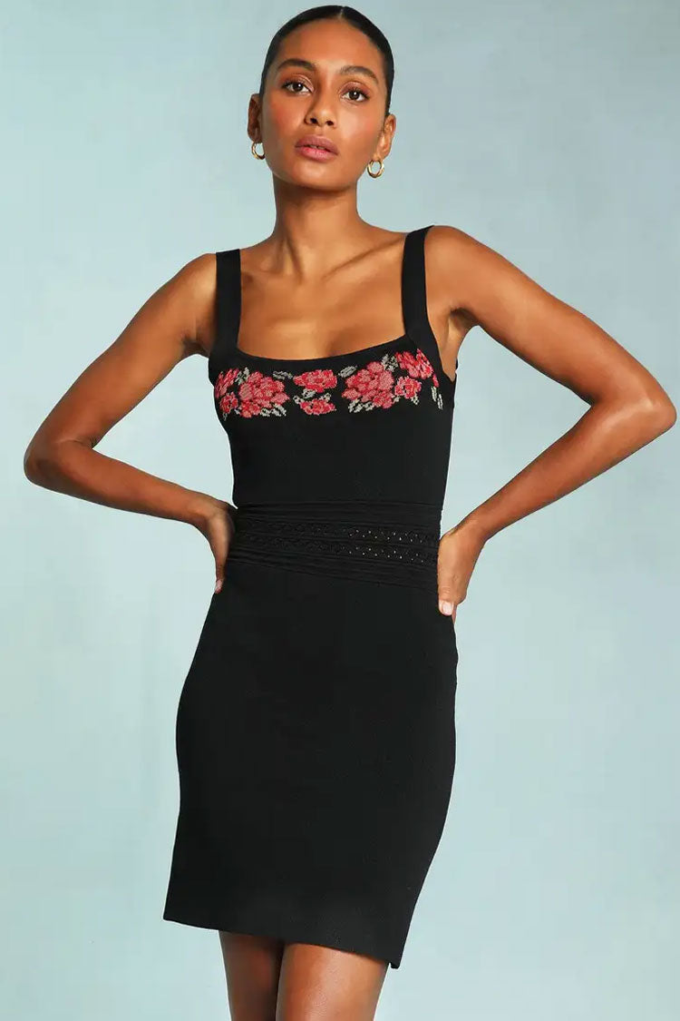 Black Sweetheart Neck Floral Embroidered Knit Bodycon Mini Dress