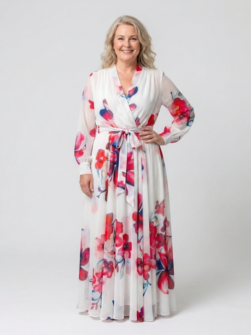 Surplice V-Neck Floral Long Sleeve Tie Waist Chiffon Maxi Dress 4
