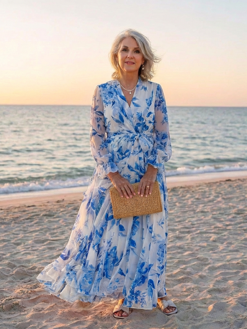 Surplice V-Neck Floral Long Sleeve Tie Waist Chiffon Maxi Dress 8