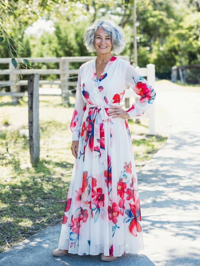 Surplice V-Neck Floral Long Sleeve Tie Waist Chiffon Maxi Dress 7
