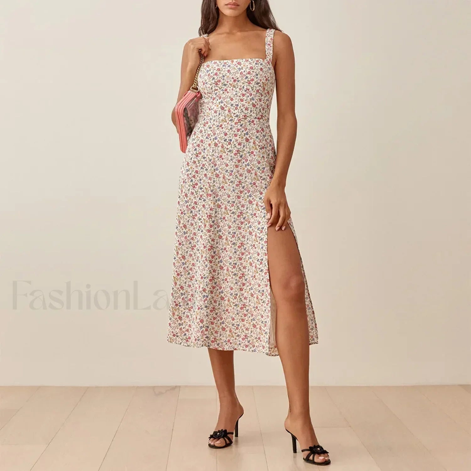 Ruched High Slit Floral Midi Dress beige / S