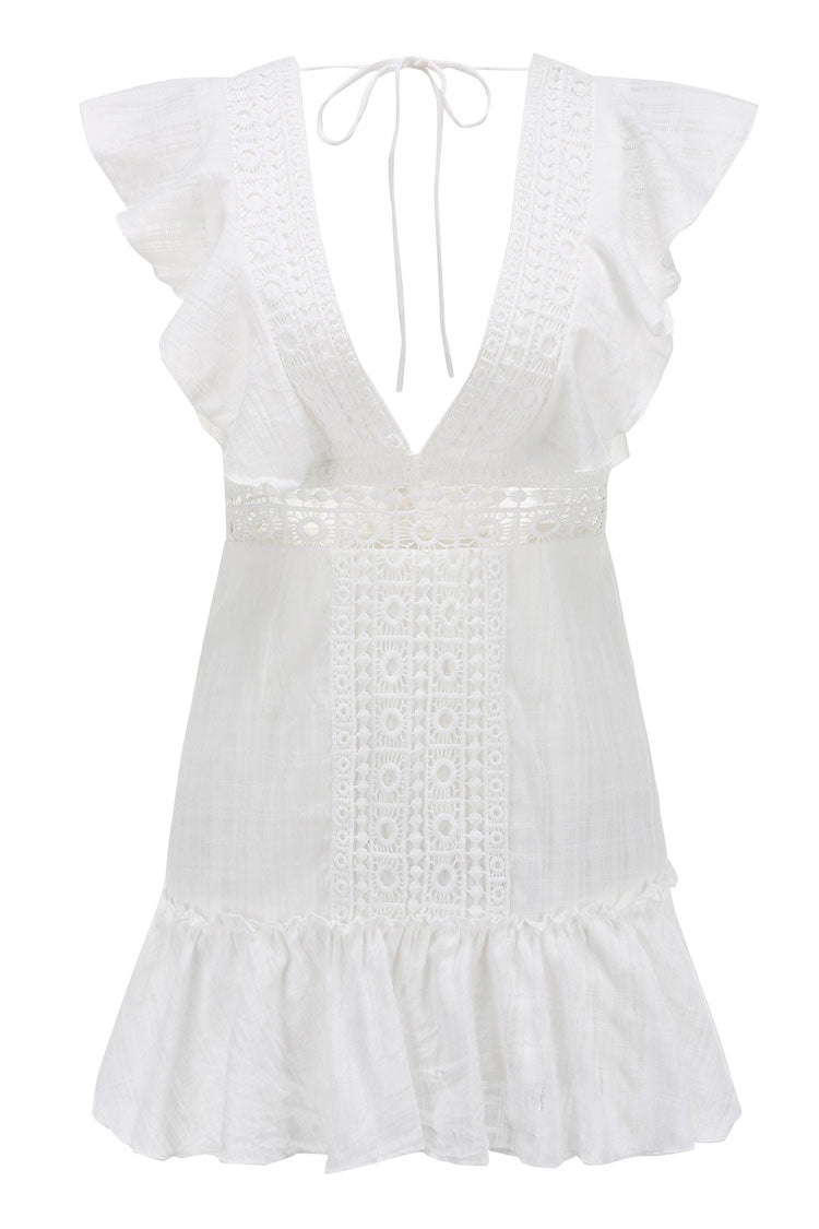 White Deep V-Neck Ruffle Cap Sleeve Crochet Lace Hem Mini Dress
