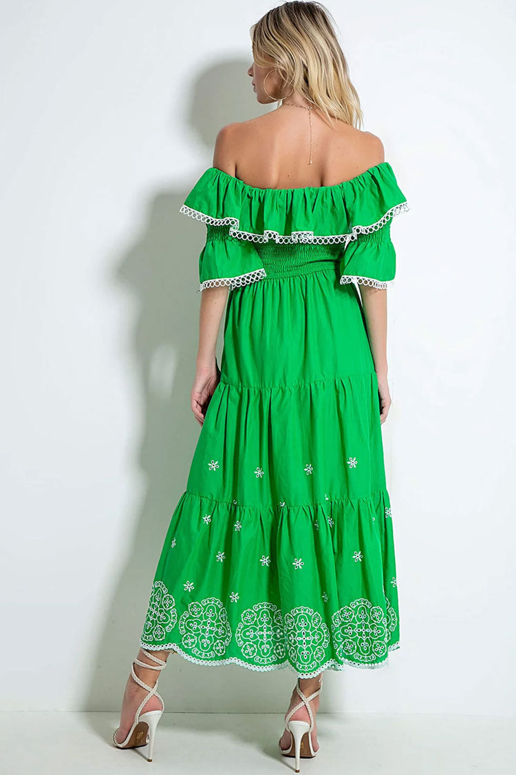Green Off-Shoulder Ruffle Smocked Embroidered Floral Tiered Maxi Dress