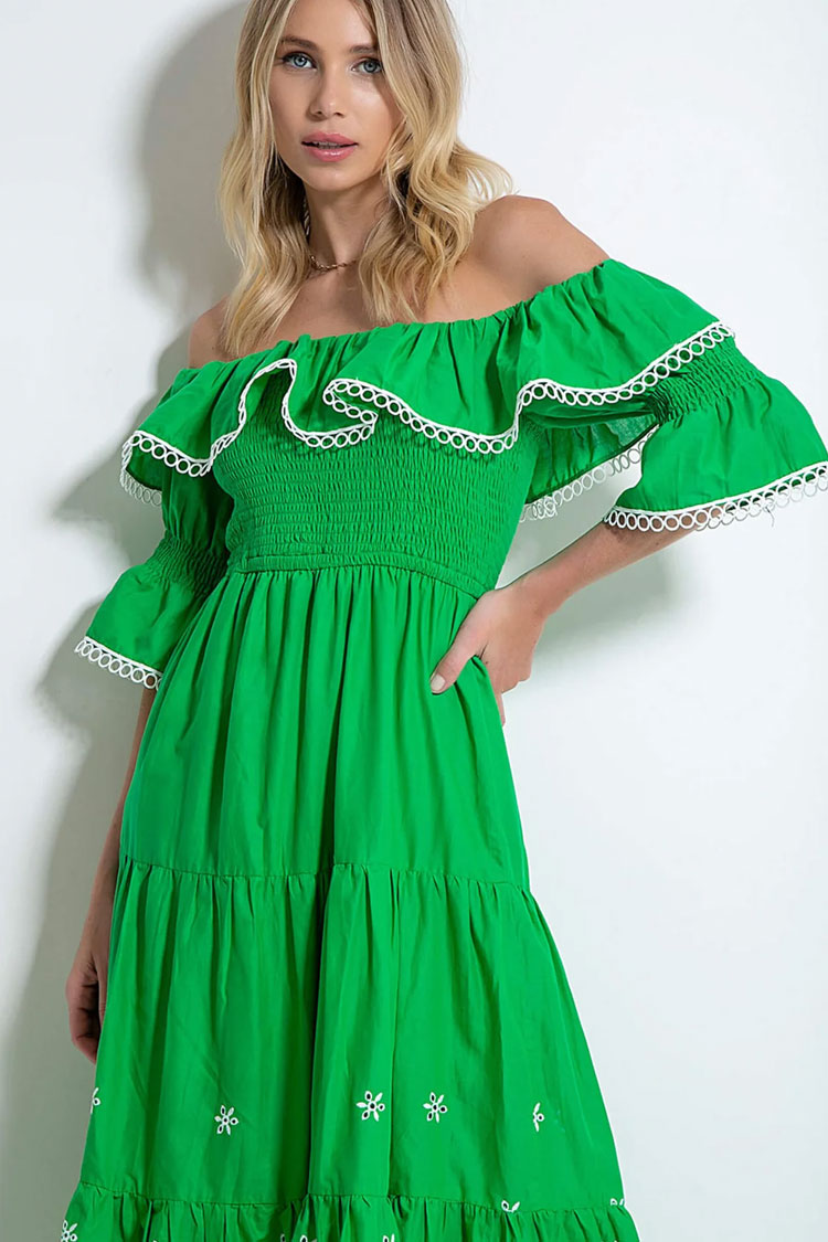 Green Off-Shoulder Ruffle Smocked Embroidered Floral Tiered Maxi Dress