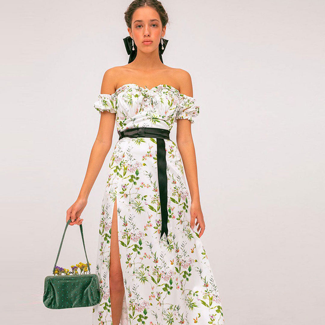 White Off-Shoulder Puff Sleeve Floral High Slit A-Line Maxi Dress
