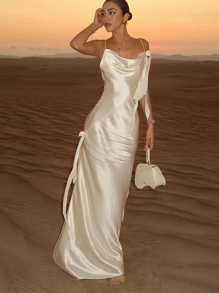 Ribbon Silk Sling  Backless Long Dresses
