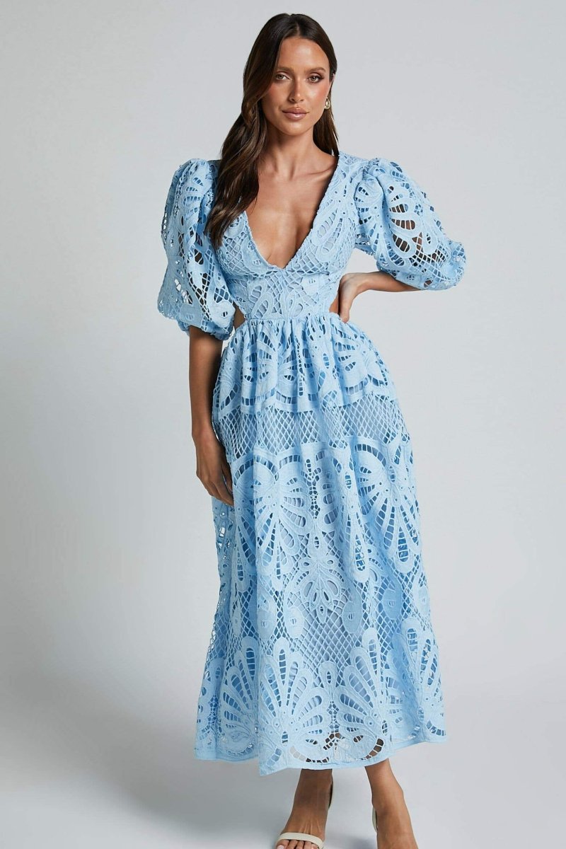 Katia Aesthetic Midi Dress with Embroidered Lace and Cutouts Elevated Occasion Wear