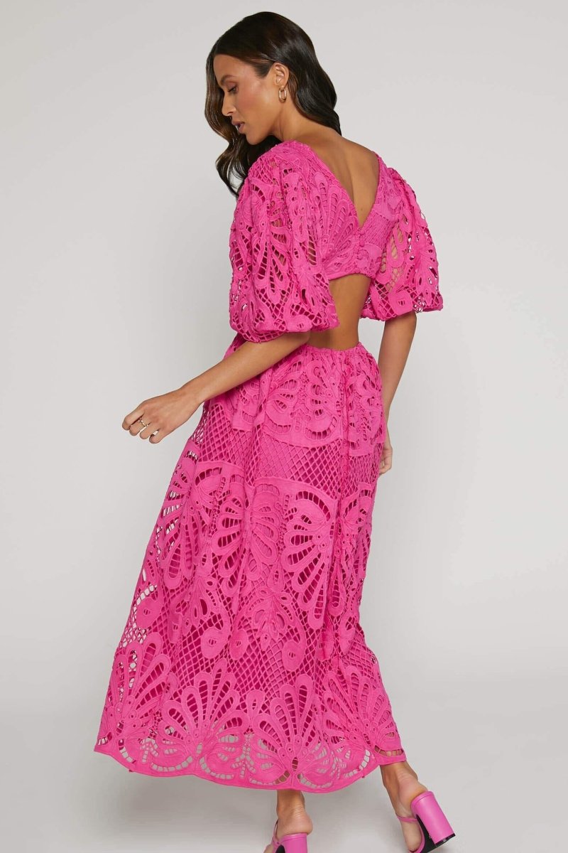 Susana Aesthetic Midi Dress with Cut Outs and Lace Embroidery Designer Edit