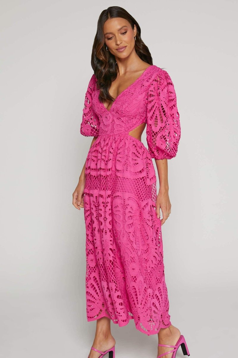 Katia Aesthetic Midi Dress with Embroidered Lace and Cutouts Elevated Occasion Wear