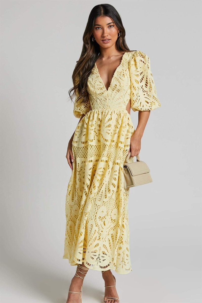 Katia Aesthetic Midi Dress with Embroidered Lace and Cutouts Elevated Occasion Wear