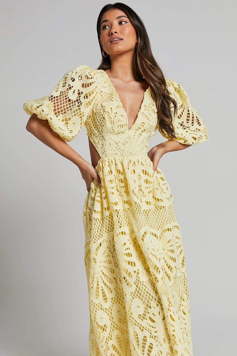Susana Aesthetic Midi Dress with Cut Outs and Lace Embroidery Designer Edit
