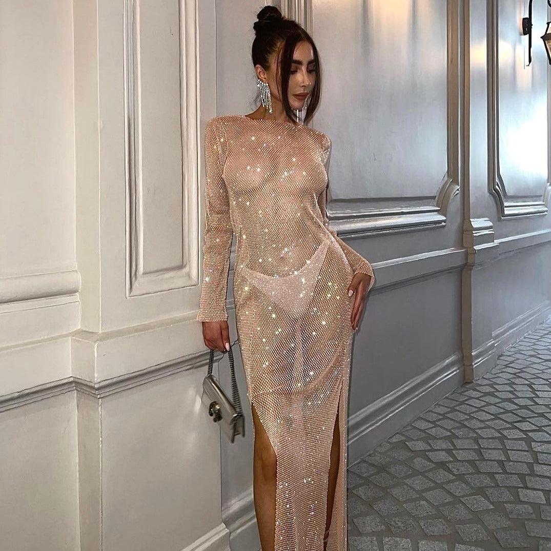 Round Neck Rhinestone Sheer Long Sleeve High Slit Bodycon Maxi Dress
