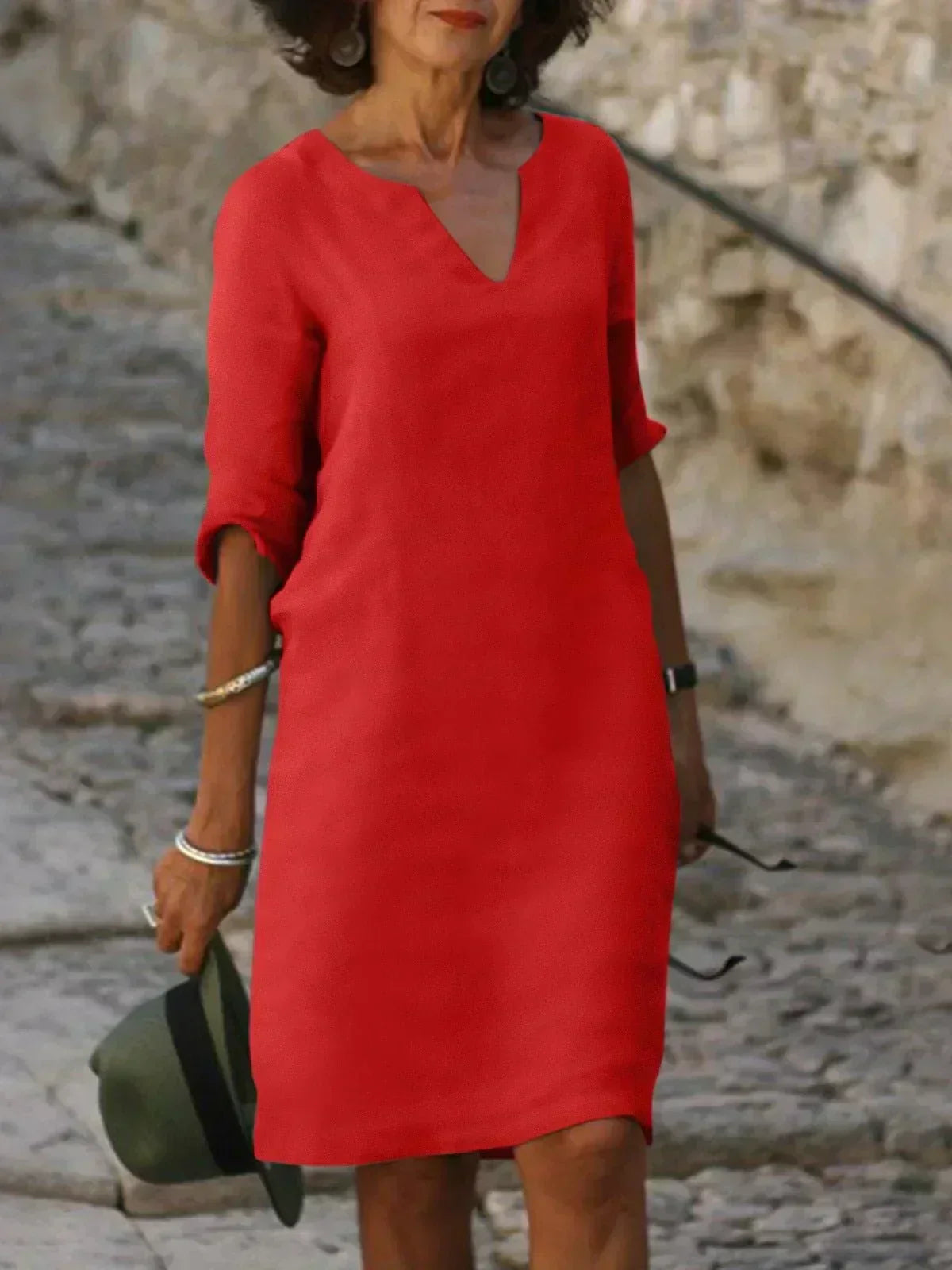 Split V-Neck Half Sleeve Linen Shift Midi Dress