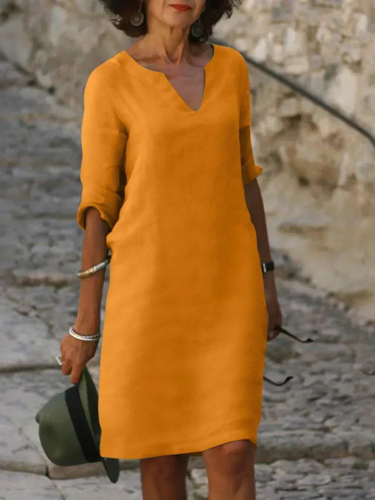 Split V-Neck Half Sleeve Linen Shift Midi Dress