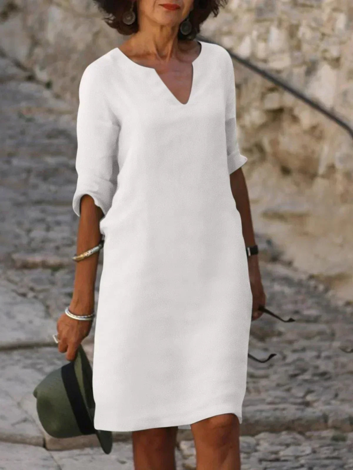 Split V-Neck Half Sleeve Linen Shift Midi Dress