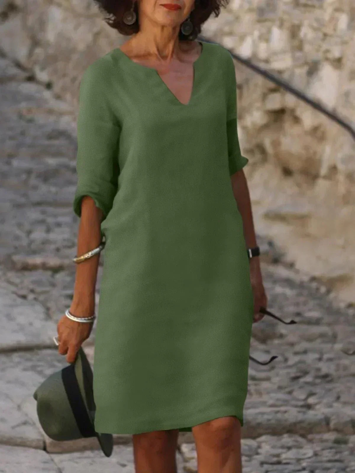 Split V-Neck Half Sleeve Linen Shift Midi Dress