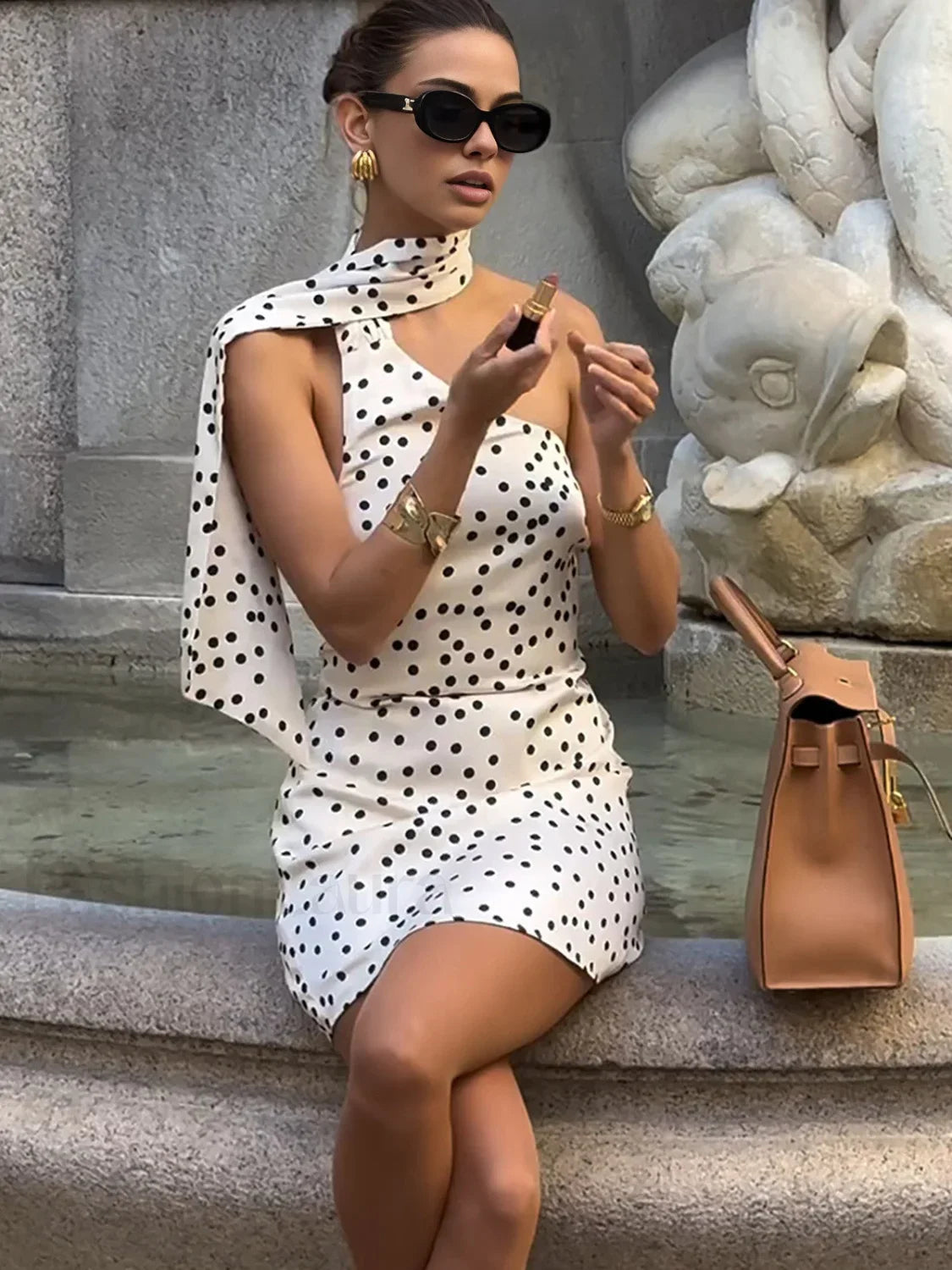 Satin Polka Dot Asymmetrical Dress Off White / XS Dresses