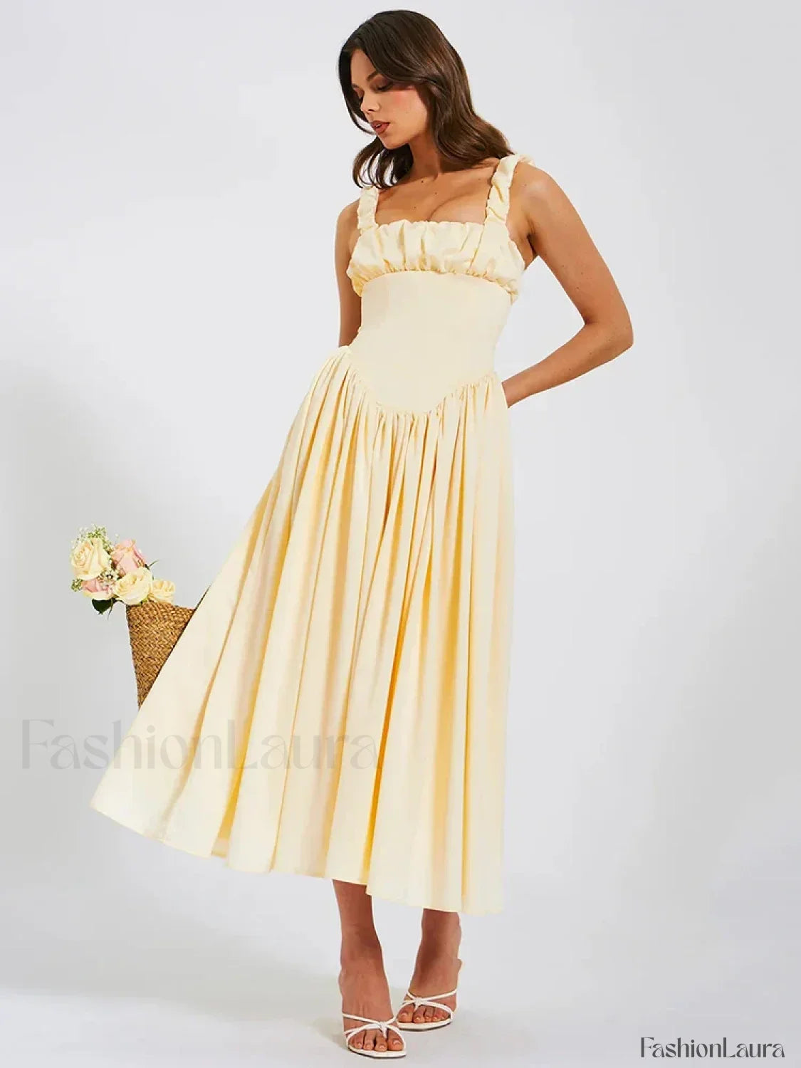 Satin Square-Collar Midi Dress