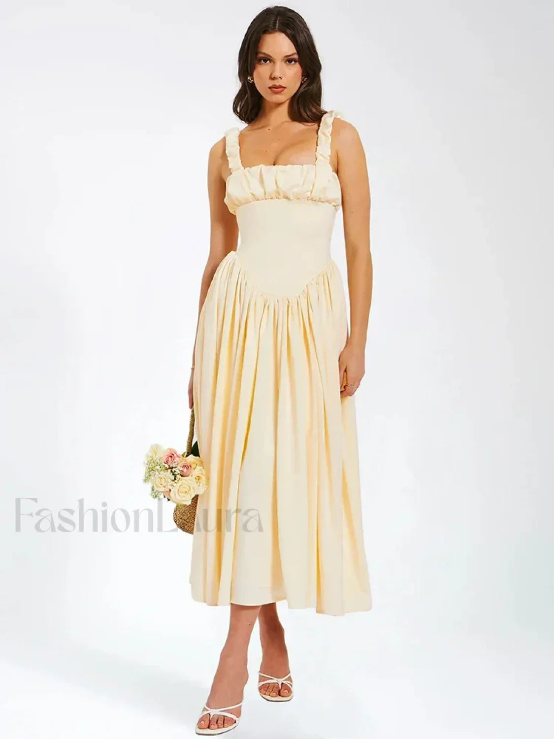 Satin Square Collar Midi Dress Apricot / S