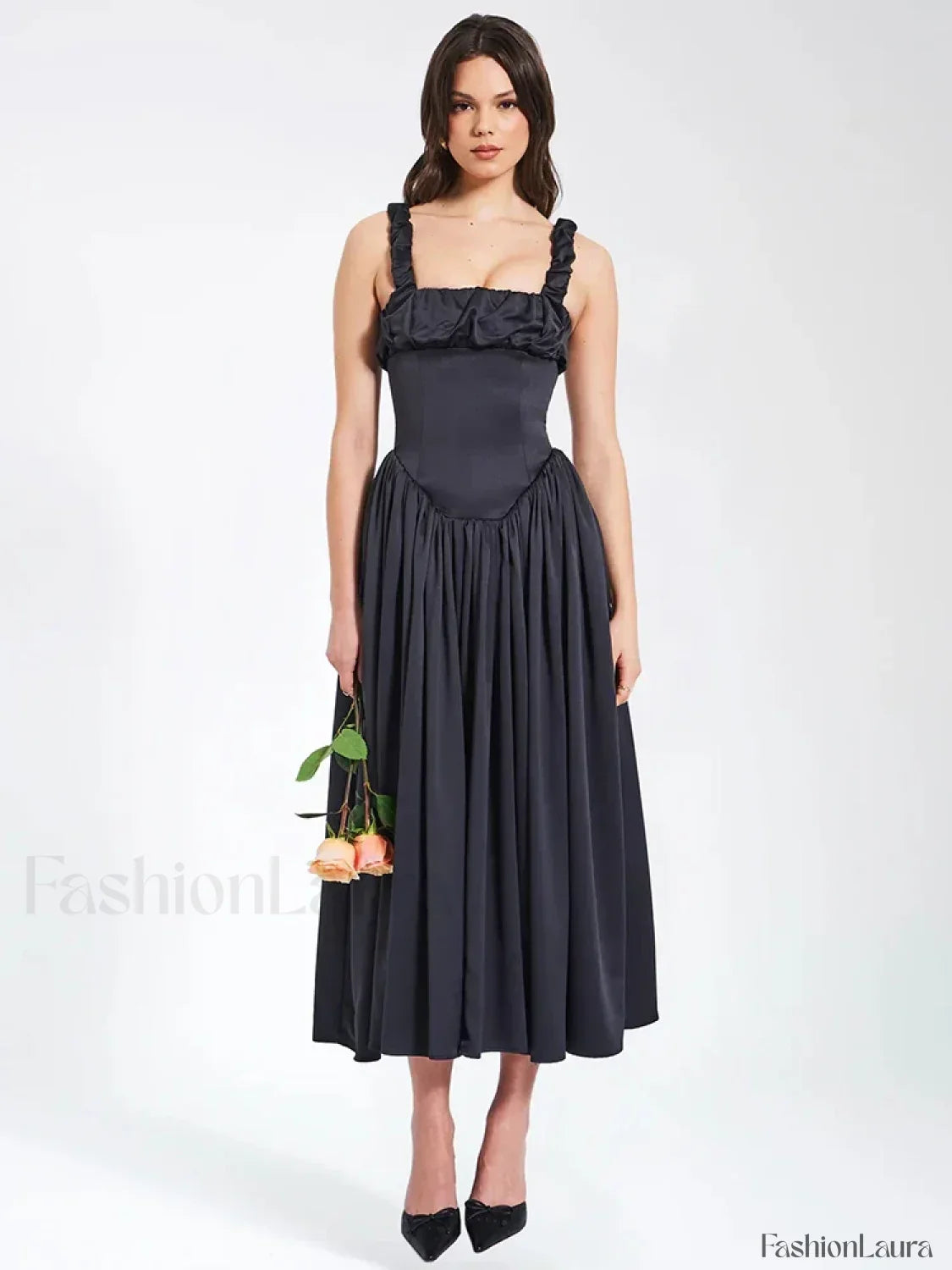 Satin Square-Collar Midi Dress