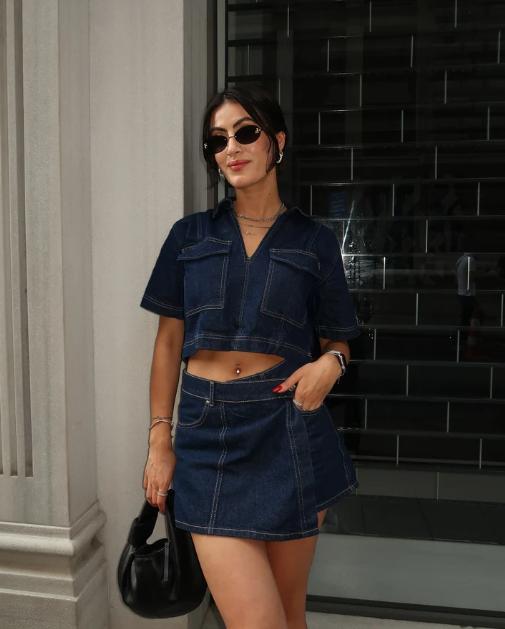 Style Short-Sleeved Denim Skirt Two Piece Set
