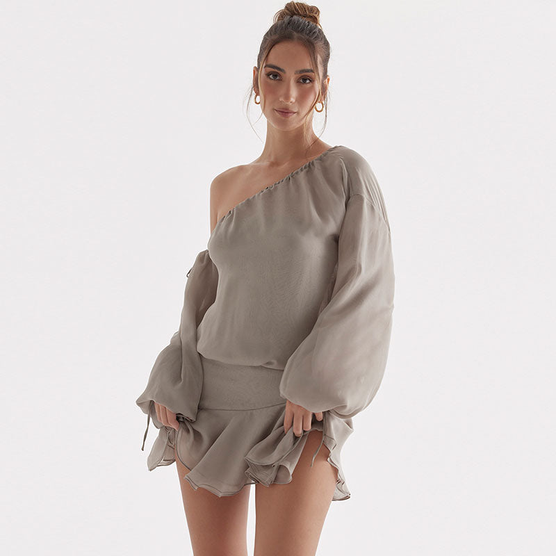 Gray One Shoulder Chiffon Bishop Sleeve Ruffle Hem Mini Dress