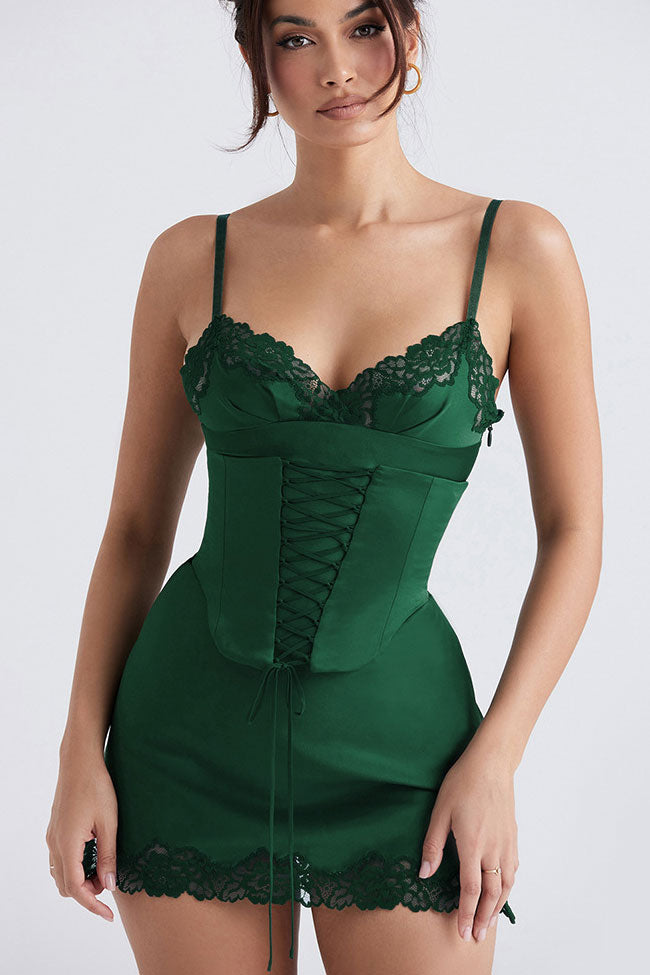 Emerald Green Spaghetti Strap Lace Trim Corset Lace-Up Satin Slip Mini Dress