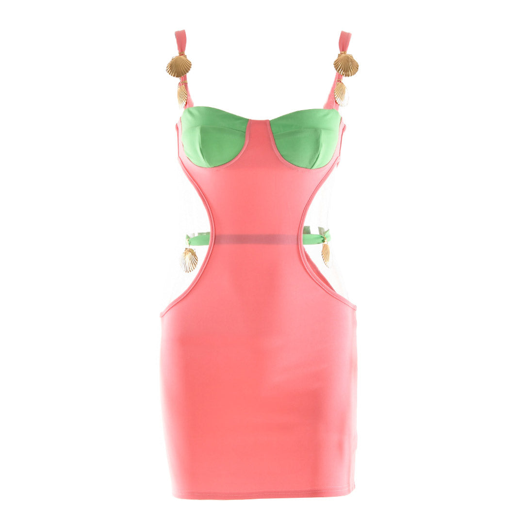 Pink Shell Trim Strap Underwire Contrast Cutout Bodycon Mini Dress