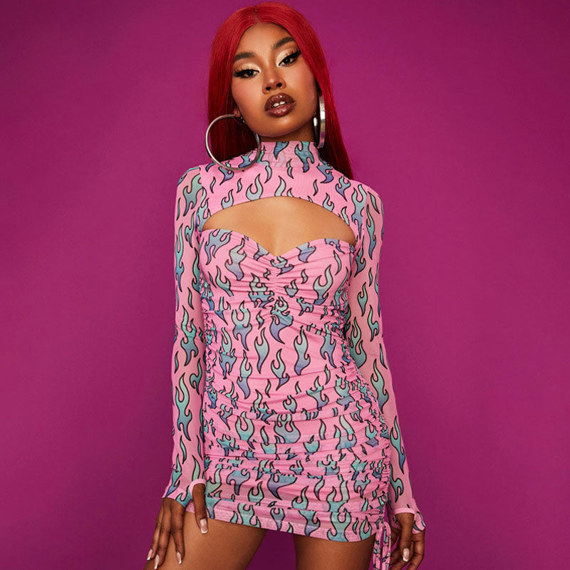Pink High Neck Flame Print Cutout Long Sleeve Ruched Bodycon Mini Dress