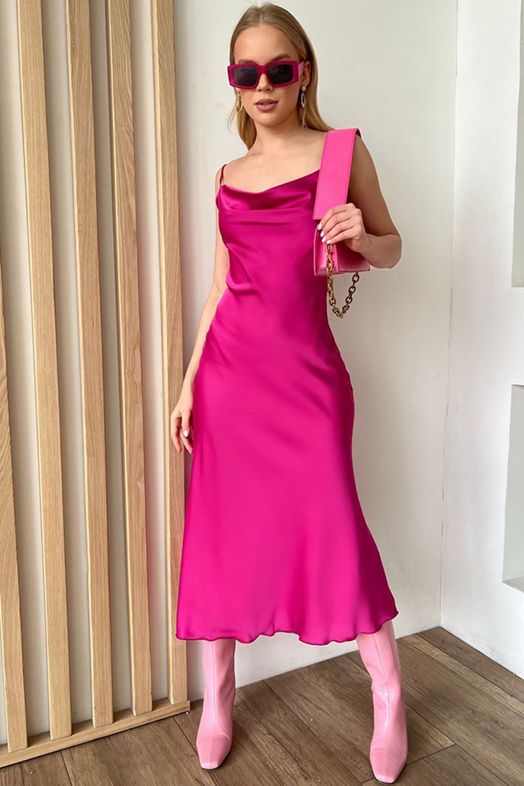 Hot Pink Cowl Neck Spaghetti Strap Satin Slip Midi Dress