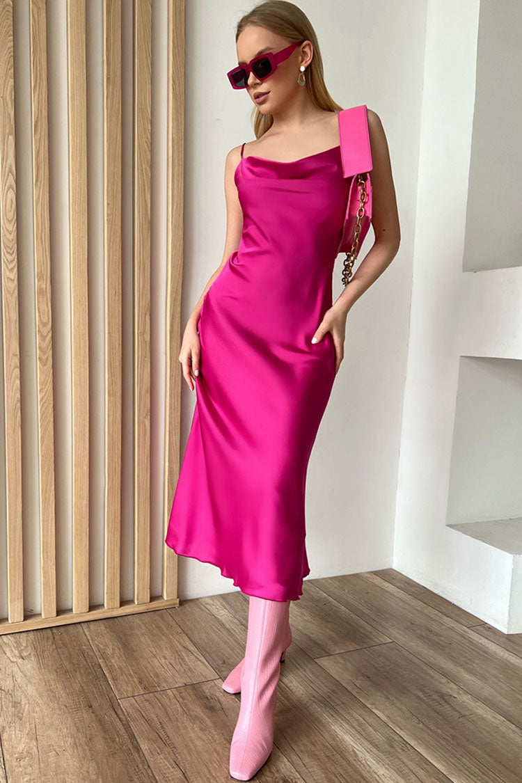 Hot Pink Cowl Neck Spaghetti Strap Satin Slip Midi Dress 2
