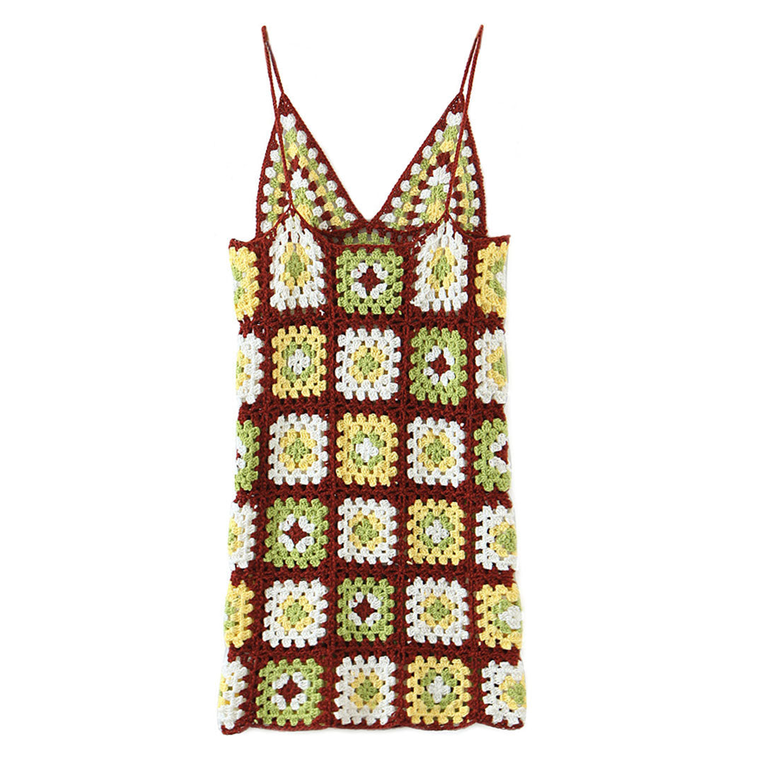 Burgundy Spaghetti Strap Crochet Granny Square V-Neck Slip Mini Dress