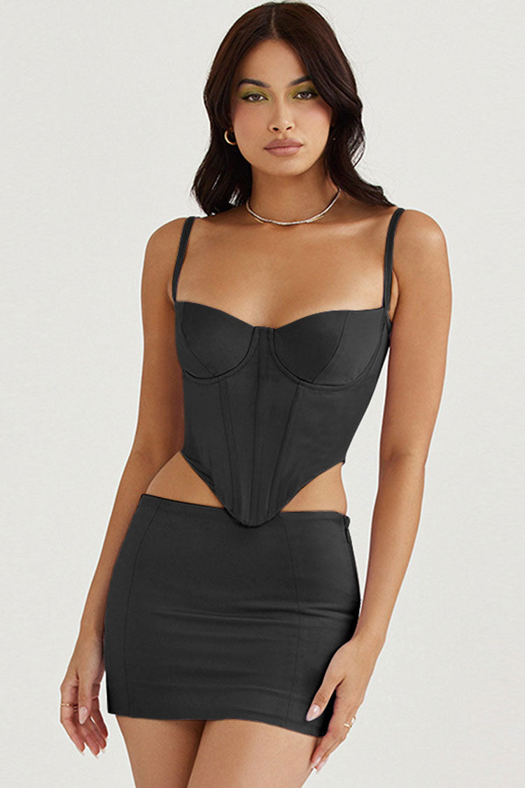 Black Spaghetti Strap Bustier Corset Two Piece Bodycon Mini Dress