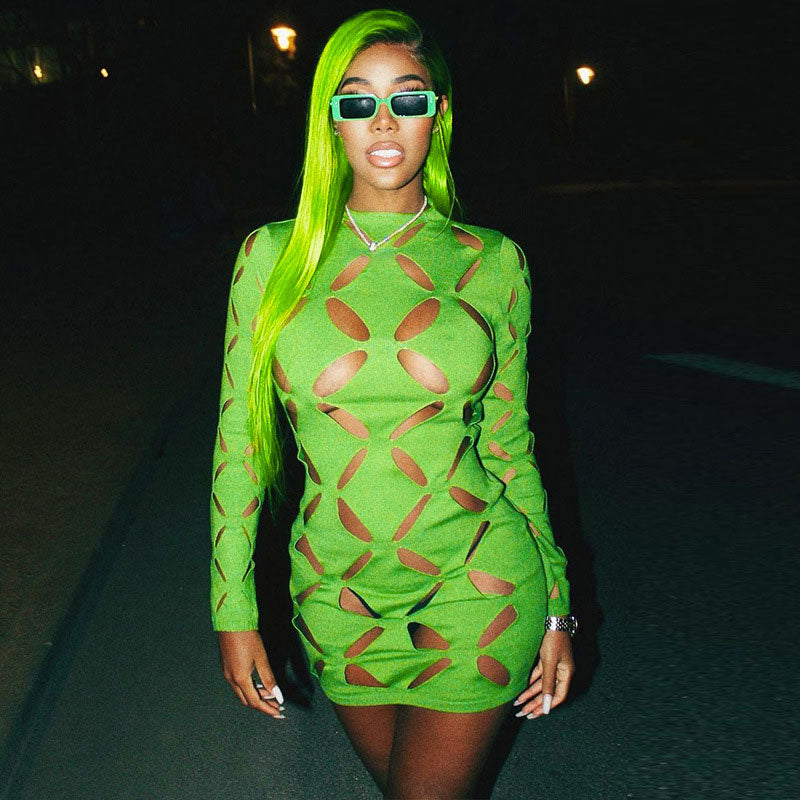 Green Crew Neck Cut Out Long Sleeve Bodycon Mini Dress