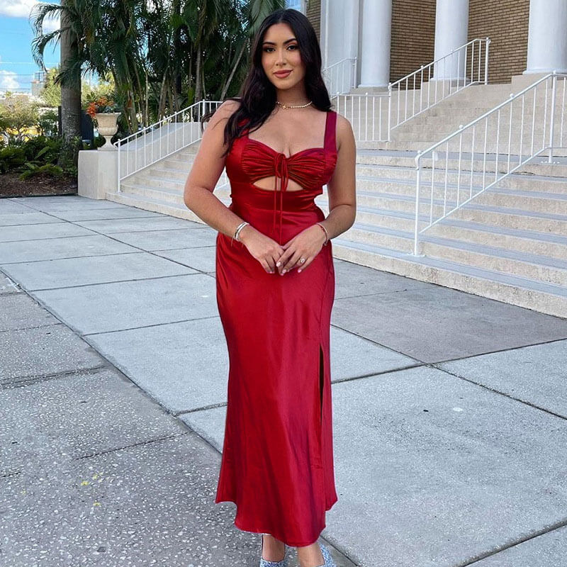 Red Ruched Bust Drawstring Cutout Satin High Slit Maxi Dress